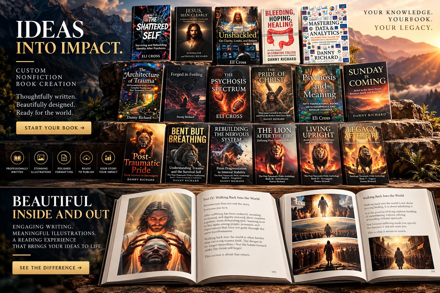Promotional portfolio featuring multiple published nonfiction book covers and richly illustrated interior pages