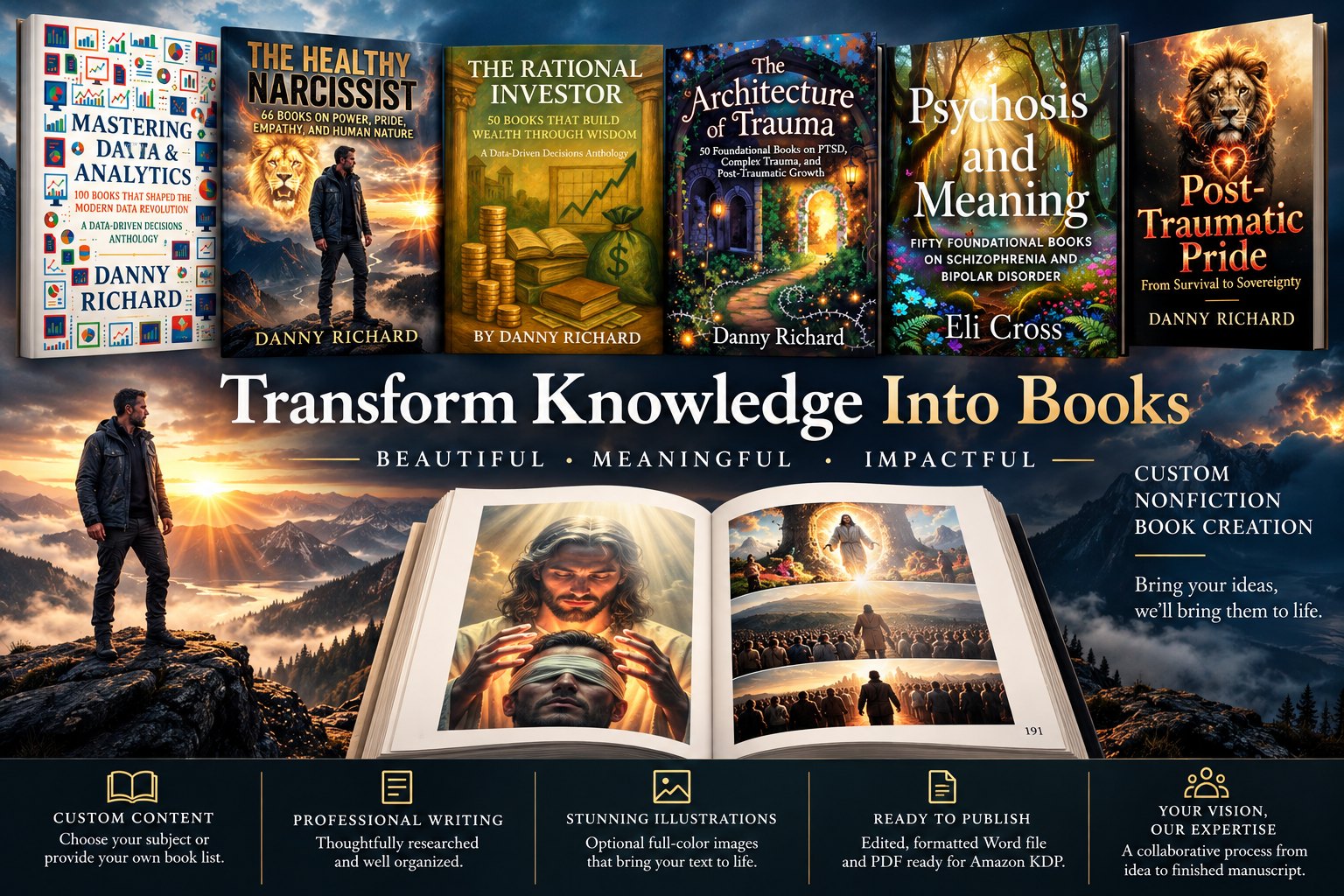 Richard Publishing Services promotional banner featuring a collection of nonfiction book covers and an illustrated open book