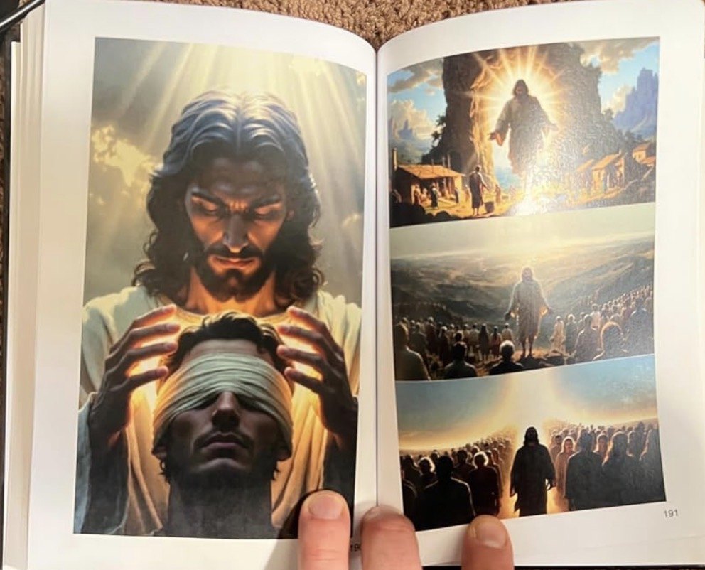 Open illustrated book showing artwork printed across interior pages