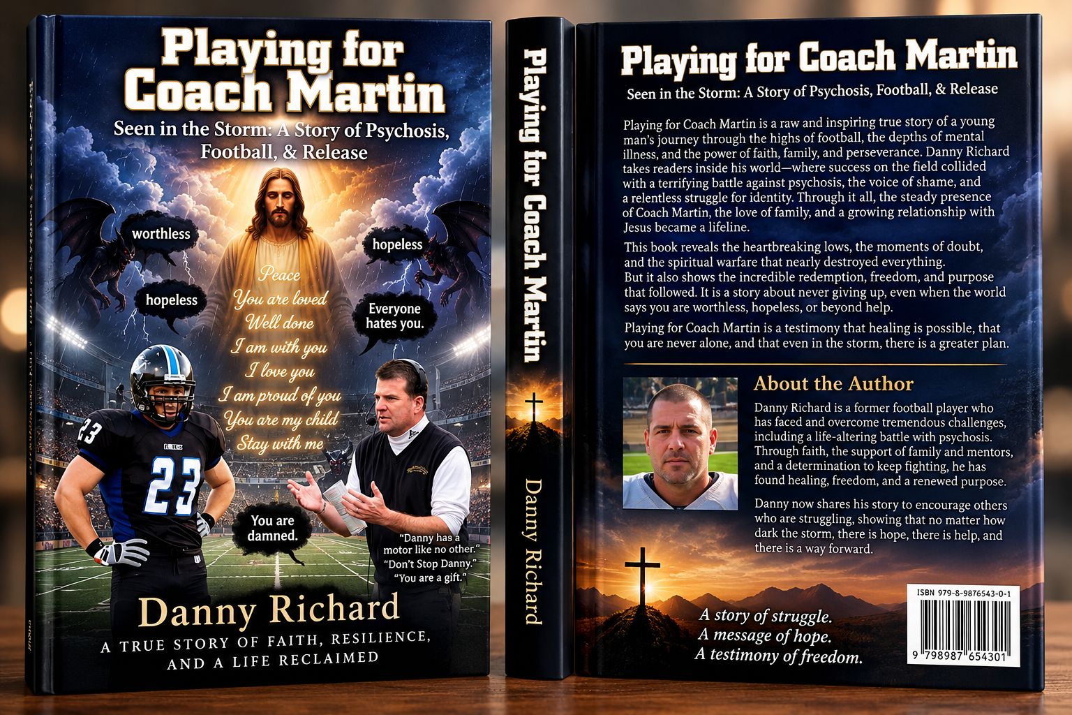 Playing for Coach Martin by Danny Richard, illustrated memoir book concept mockup